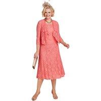 Amber Women's Elegant Lace Dress & Jacket Set Sleeveless Fit in Coral | Size: 20