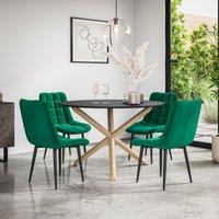 More4Homes Malvern Round Dining Table & Chairs - Black Table Top w Solid Oak Legs + Nova Velvet Dining Chair Set Of 4 in Green