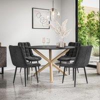More4Homes Malvern Round Dining Table & Chairs - Black Table Top w Solid Oak Legs + Nova Velvet Dining Chair Set Of 4