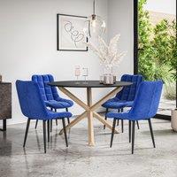 More4Homes Malvern Round Dining Table & Chairs - Black Table Top w Solid Oak Legs + Nova Velvet Dining Chair Set Of 4 in Blue