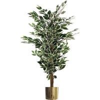 Leaf 130cm Artificial Variegated White/Green Bushy Ficus Tree Gold Planter in Green