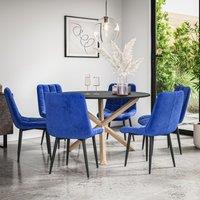 More4Homes Malvern Round Dining Table & Chairs - Black Table Top w Solid Oak Legs + Nova Velvet Dining Chair Set Of 6 in Blue