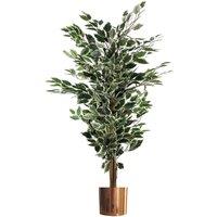 Leaf 130cm Artificial Variegated White/Green Ficus Tree Copper Planter in Green