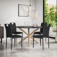 More4Homes Malvern Round Dining Table & Chairs - Black Table Top w Solid Oak Legs + Monza Faux Leather Dining Chair Set Of 4