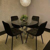 KOSY KOALA Round Glass Dining Table Set With 4 Black Velvet Chairs Dining Room Furniture in Brown