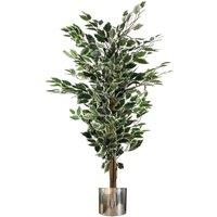 Leaf 130cm Artificial Variegated White/Green Ficus Tree Silver Planter in Green