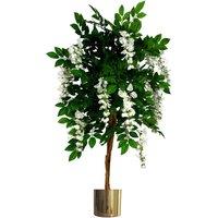 Leaf 130cm Luxury Artificial Wisteria Tree White Flowers Gold Planter in Green