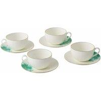 London Boutique 4 Cups Saucers Set Watercolour with Gold Banding Premium Porcelain Light Weight in White | Size: 1000ml