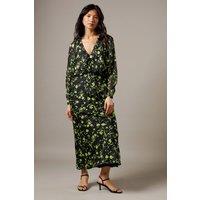 Warehouse Women's Shadow Stripe Batwing Plunge Neck Midi Dress in Floral | Size: 10