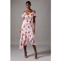 Sequin Embellished Off Shoulder Midi Wedding Guest Dress