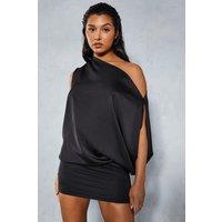 MissPap Women's Satin Off-Shoulder Asymmetric Bodycon Mini Dress in Black | Size: 6