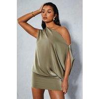 MissPap Women's Satin Off-Shoulder Asymmetric Bodycon Mini Dress in Khaki | Size: 6