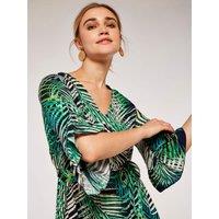 Apricot Women's Tropical Leaf Ruffle Midi Dress in Navy | Size: 10