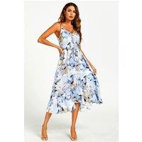 FS Collection Women's Floral Print Button Down High Low Strappy Dress In Blue | Size: XL