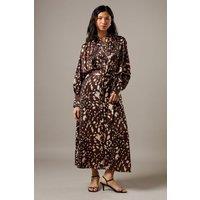 Warehouse Women's Print Satin Batwing Split Side Midi Shirt Dress in Animal | Size: 12