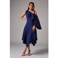 Coast Women's Petite One Shoulder Ruffle Crepe Midi Wedding Guest Dress in Navy | Size: 6