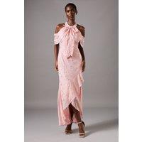 Coast Women's Cold Shoulder Jacquard Midi Dress With Wrap Skirt & Tie Neck in Pink | Size: 10