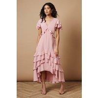 Oasis Women's Petite Plain Ruffle Tiered Lace Midi Dress in Pink | Size: 10