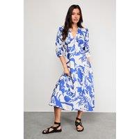 Warehouse Women's Petite Viscose Floral V Neck Puff Sleeve Midi Dress in Blue | Size: 8