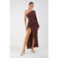 MissPap Women's One Shoulder Ruched Detail Maxi Dress in Chocolate | Size: 10