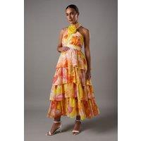 Maternity Tiered Halter Tie Neck Midi Dress