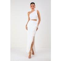 MissPap Women's One Shoulder Top & Faux Feather Skirt Co-ord in Ivory | Size: 6