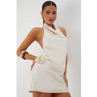 MissPap Women's Satin Cowl Corsage Drape Mini Dress in Ivory | Size: 16