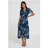 FS Collection Women's Floral Print Midi V neckline Dress In Navy | Size: Small
