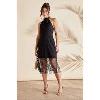 Broderie Embellished Fringe Halter Dress