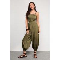 Warehouse Women's Petite Satin Lace Trim Elasticated Cuff Strappy Jumpsuit in Olive | Size: 10