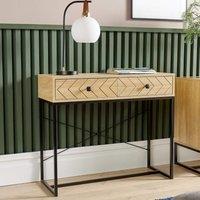 Home Source Console Table 2 Drawers Aztec Design Oak Effect Metal Legs Hallway in Light Oak
