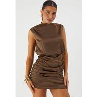 MissPap Women's Satin Ruched High Neck Mini Dress in Chocolate | Size: 8