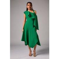 Coast Women's Petite One Shoulder Ruffle Crepe Midi Wedding Guest Dress in Emerald | Size: 8