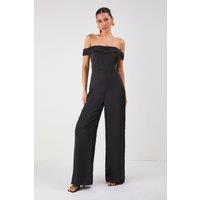 MissPap Women's Satin Bardot Wide Leg Jumpsuit in Black | Size: 6