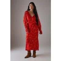 Warehouse Women's Petite Shadow Stripe Batwing Plunge Neck Midi Dress in Red | Size: 12