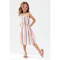 Raffya Girl's Kris Cross Back Stripe Print Dress In Multi in Blue | Size: 3 Years