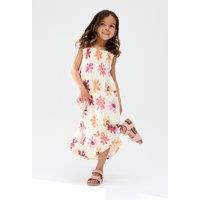 Raffya Girl's Flora Gathered Hand Drawn Floral Print Dress In Multi in Ecru | Size: 5 Years
