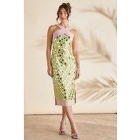 Cross Neck Mirror Sequin Midi Dress