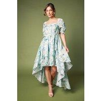 Short Puff Sleeve Printed Chiffon High Low Hem Dress With Tiers