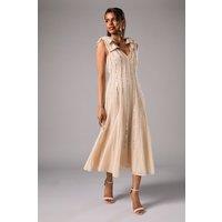 Petite Metallic Strappy Pleated Corsage Maxi Dress