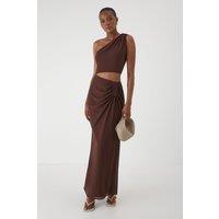 MissPap Women's Asymmetric Shoulder Cut Out Ruched Maxi Dress in Chocolate | Size: 6