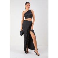 MissPap Women's One Shoulder Top & Faux Feather Skirt Co-ord in Black | Size: 6