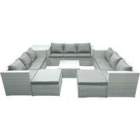 Fimous Rattan Garden Outdoor Furniture Set 11 Seater Rattan Garden Sofa Set with 2 Big Footstools Side Table Light Grey Mixed