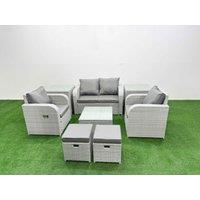 Fimous Light Grey PE Wicker Rattan Garden Furniture Set Sofa Set Reclining Adjustable Chair Square Coffee Table 6 Seater 2 Small Stools 2 Side Table
