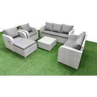 Fimous PE Rattan Garden Furniture Set Adjustable Chair Sofa Double Love Seat 2 Seater Sofa Lounge Set Square Coffee Table Big Footstool Light Grey