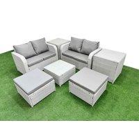 Fimous 6 Seater Outdoor Love Sofa Set Rattan Garden Furniture Set with Square Coffee Table 2 Footstool 2 Side Tables Light Grey