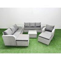 Fimous 9 Seater Poly Rattan Outdoor Garden Furniture Square Coffee Table Sofa Set Patio 3 Seater Sofa Reclining Chair 3 Seater Sofa 2 Big Footstools