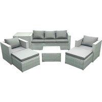 Fimous 7 Seater Rattan Garden Furniture Set with 3 Seater Sofa 2 Chair Square Coffee Table 2 Big Footstools Side Table Light Grey Mixed