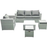 Fimous 6 Seater Rattan Garden Furniture Set with 3 Seater Sofa Chair Square Coffee Table Big Footstool Light Grey Mixed
