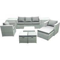 Fimous Rattan Garden Outdoor Furniture Sofa Set with Square Coffee Table 2 Chairs 3 Footstools 2 Side Tables Light Grey Mixed